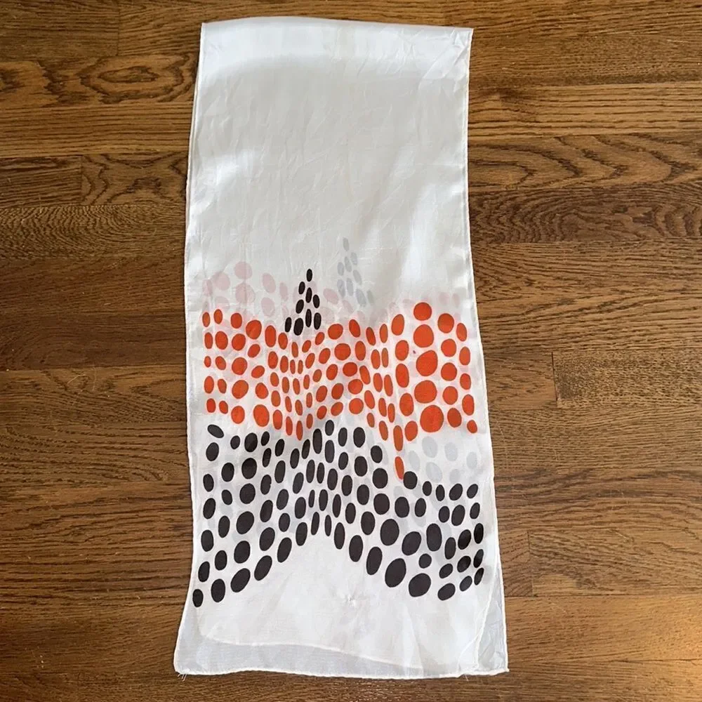 Vintage orange & black spotted mid century white polyester long‎ scarf